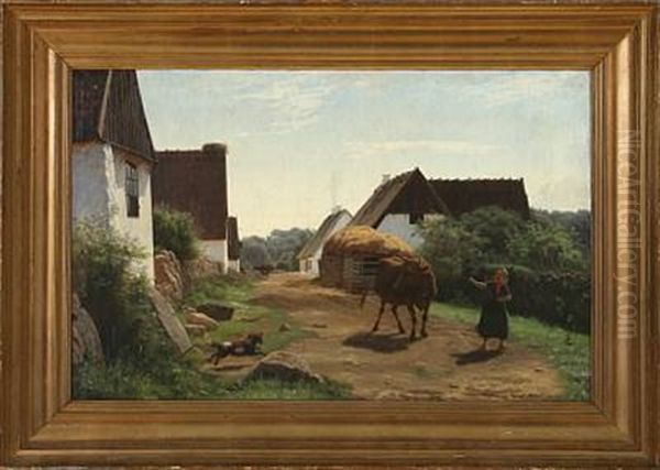 Village Street With A Girl And A Bull Oil Painting by Johan Didrik (John) Frisch