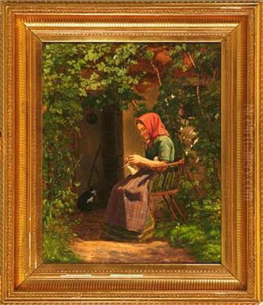 Woman With Her Knitting In A Garden Oil Painting by Johan Didrik (John) Frisch