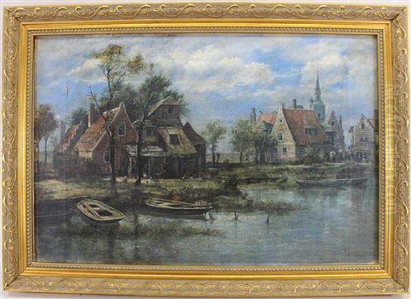 Canal Scene With Steeple In The Background Oil Painting by Johann Christoph Frisch