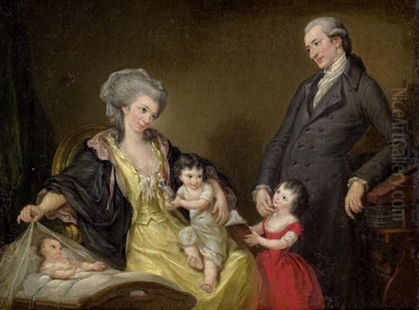 Familienbildnis: Ein Herr Am Stehpult Mit Seiner Gemahlin Und Den Drei Kindern Oil Painting by Johann Christoph Frisch