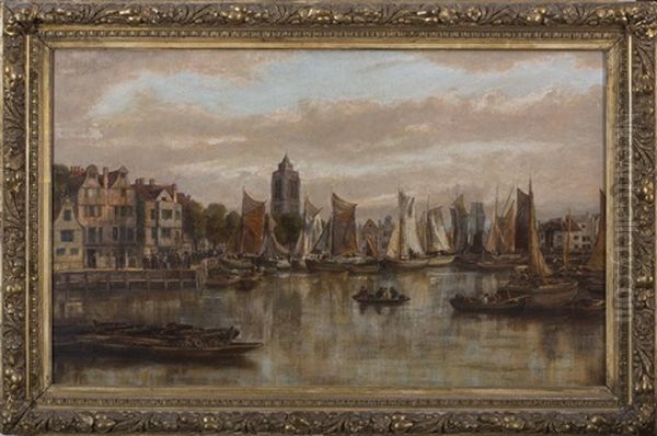 European City View With Bustling Harbor Oil Painting by Johann Christoph Frisch