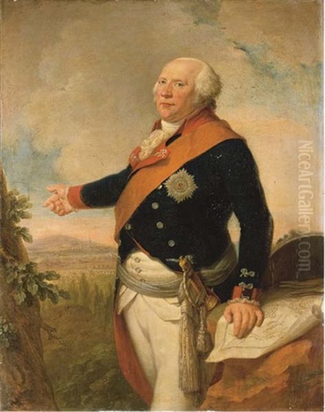 Portrait Of King Frederick William Ii Of Prussia, In Uniform With The Sash And Star Of The Prussian Order Of The Black Eagle, His Left Hand Resting On A Map Of Frankfurt, A Landscape Beyond Oil Painting by Johann Christoph Frisch