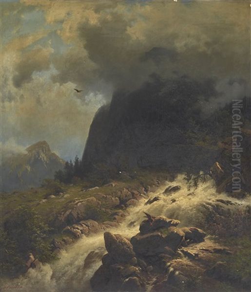 A River Landscape (reichenbach, Stream To The Aare) Oil Painting by Heinrich Ludwig Frische