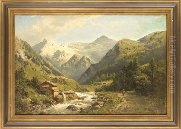 Hochalpine Landschaft Mit Wassermuhle Oil Painting by Heinrich Ludwig Frische