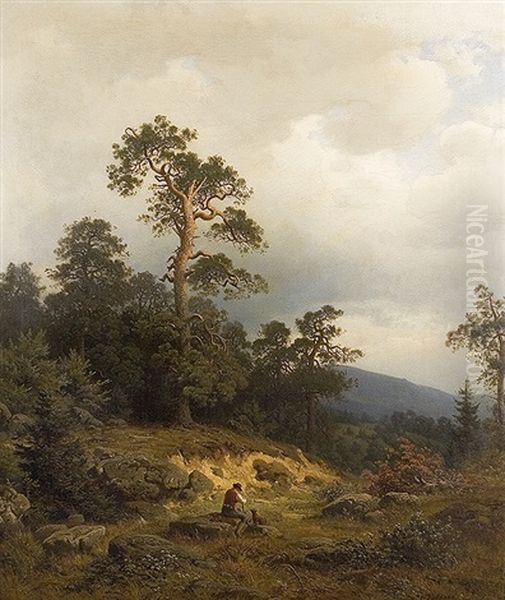 Resting Man In A Romantic Landscape Oil Painting by Heinrich Ludwig Frische