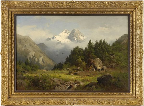 Alpine Landschaft Mit Wanderer Und Wildbach Oil Painting by Heinrich Ludwig Frische