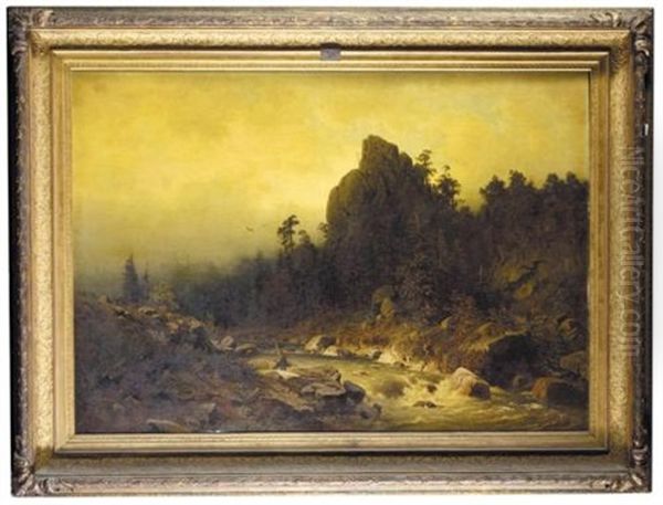 A Fisherman By A Mountain Torrent (ein Fischer An Einem Reissenden Gebirgsfluss) Oil Painting by Heinrich Ludwig Frische