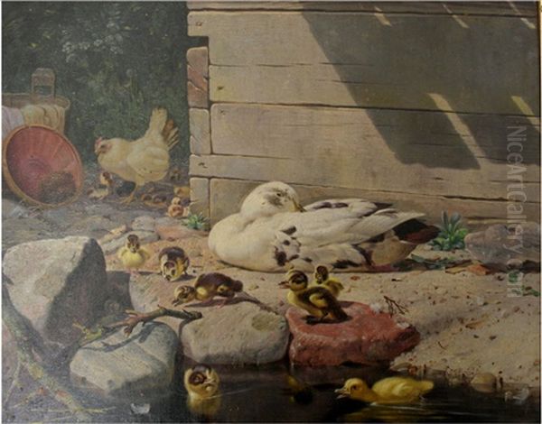 Poultry With Chicks Oil Painting by Niels Fristrupp