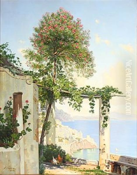 View From A Loggia On The Amalfi Coast Oil Painting by Niels Fristrupp