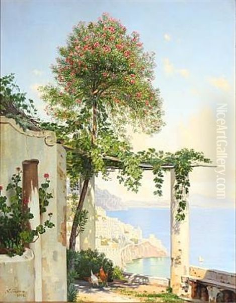 View Down The Coast From A Loggia In Sorrento Oil Painting by Niels Fristrupp