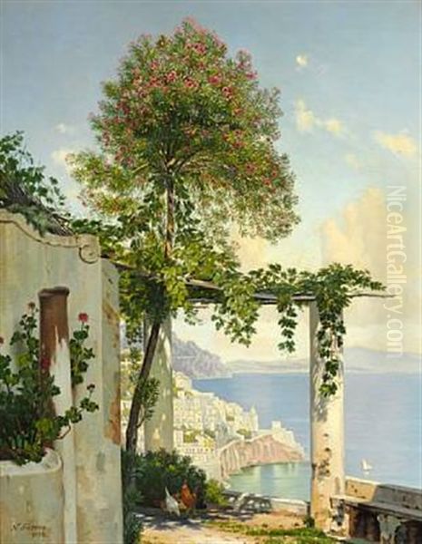 View Down The Coast From A Loggia In Sorrento Oil Painting by Niels Fristrupp