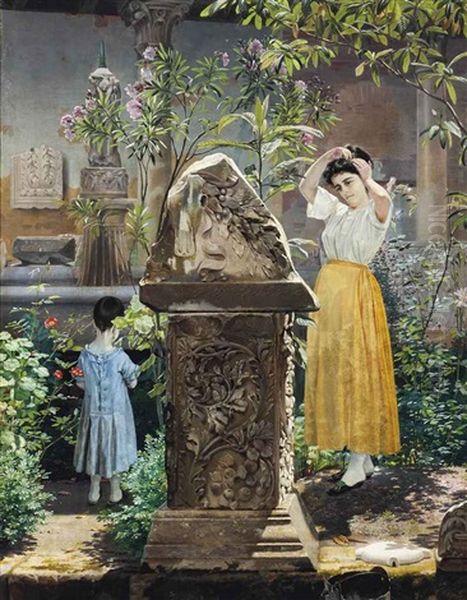 Picking Flowers In A Classical Garden Oil Painting by Niels Fristrupp