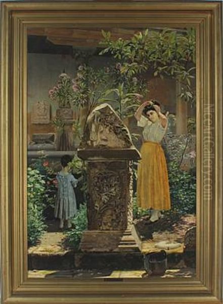 View From An Italian Garden With Young Woman And Child By A Pillar Oil Painting by Niels Fristrupp