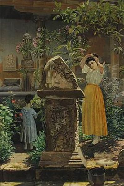 Italian Garden Scenery With Young Woman And Child By Fountain Oil Painting by Niels Fristrupp