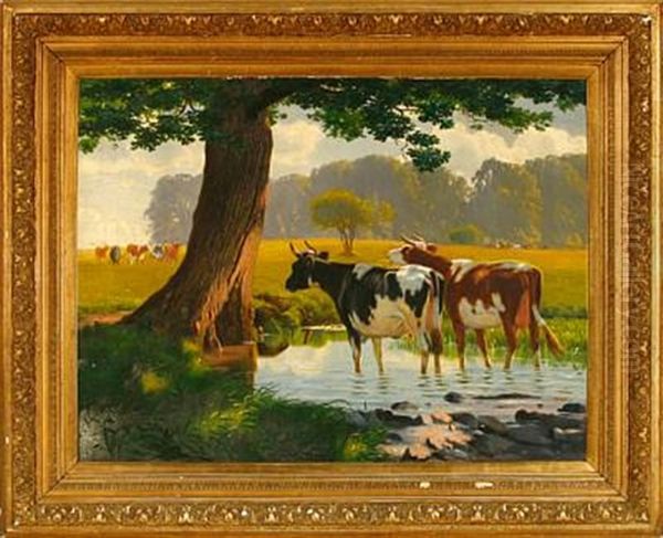 Cattle At A Pond Oil Painting by Niels Fristrupp