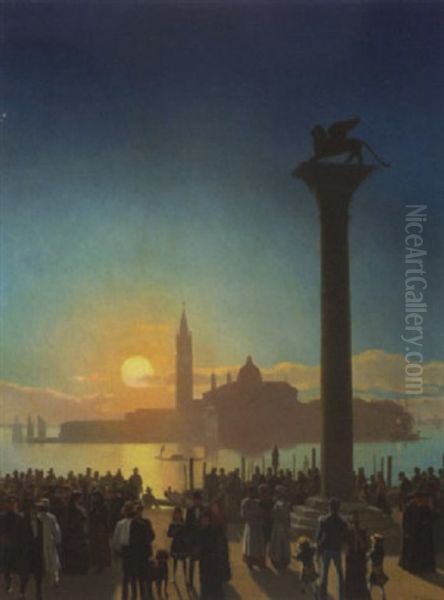 La Piazetta, Venezia. Folkeliv Ved Markus-pladsen. Solnedgangen Over San Giorgio Maggiore Betragtes Oil Painting by Niels Fristrupp