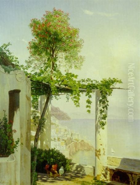 Udsigt Gennem Pergola Til By, Hav Og Bjerge, Italien Oil Painting by Niels Fristrupp