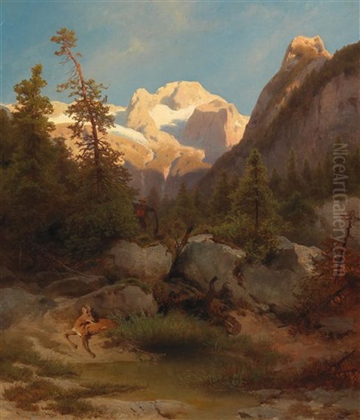 Hunter With Kill Set Against The Dachsteinmassiv Oil Painting by Melchior Fritsch