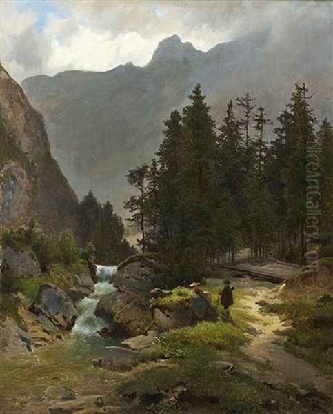 Promeneurs Au Bord Du Cascade Dans Les Alpes Oil Painting by Melchior Fritsch