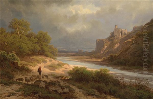 Romantische Flusslandschaft Mit Schafherde Und Hirten Im Vordergrund (devin/theben An Der Donau?) Oil Painting by Melchior Fritsch