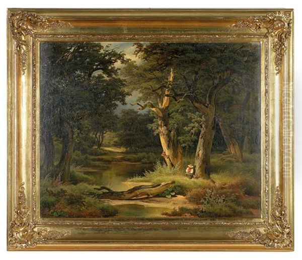 Waldlandschaft Mit Bach, An Einem Knorrigen Baum Sitzt Ein Rastender Fischer Mit Seiner Angel Oil Painting by Melchior Fritsch