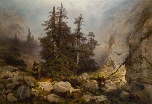 Zwei Jager Im Gebirge Oil Painting by Melchior Fritsch