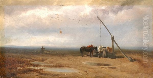 Weite Landschaft Mit Ziehbrunnen, Pferden Und Schafherde Oil Painting by Melchior Fritsch