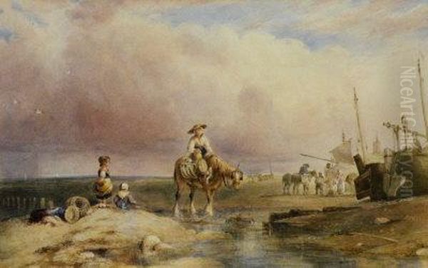 Fisherfolk On A Beach Oil Painting by Samuel Austin