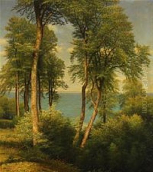 Forets Scene With Sea View At The Bay Of Aarhus Oil Painting by Andreas Fritz