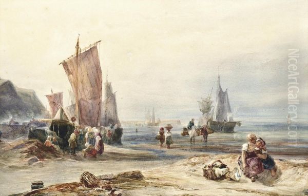 Fishermen Unloading The Catch At Low Tide Oil Painting by Samuel Austin