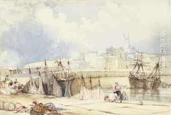 Fishermen Conversing On The Breakwater At Margate, Kent Oil Painting by Samuel Austin