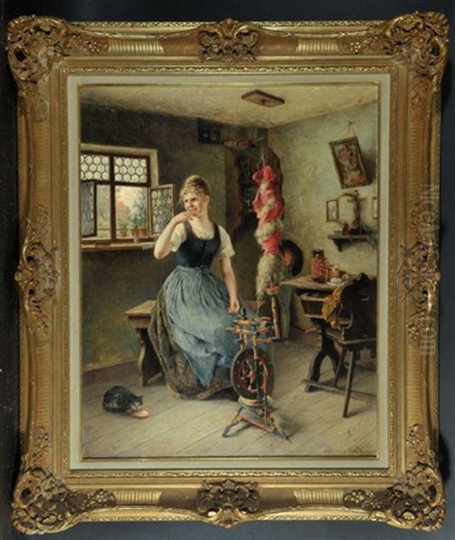 Junge Frau Am Spinnrad In Bauernstube Blickt Erfreut Uber Ihre Schulter Durchs Offene Fenster Oil Painting by Otto Fritz