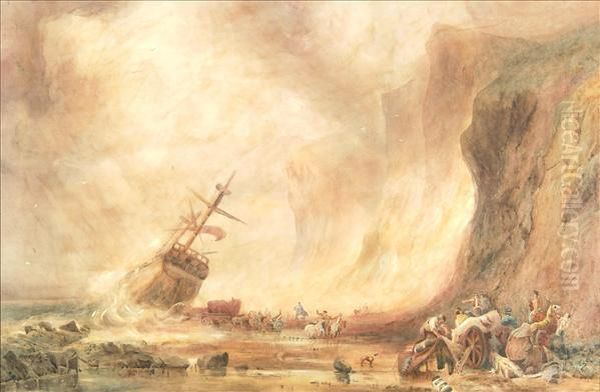 Figures On The Shore Near A Wreck Oil Painting by Samuel Austin