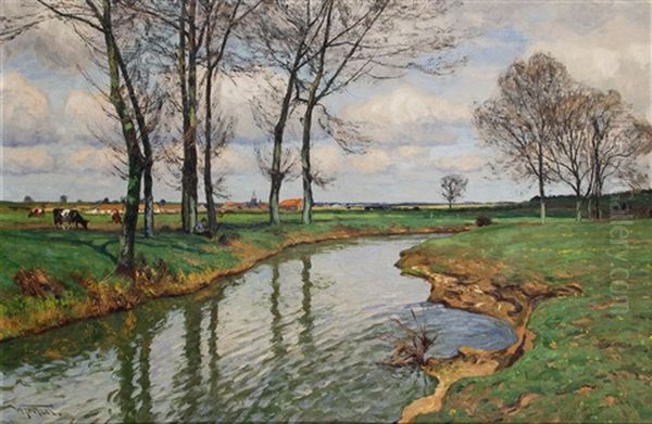 Niederrheinische Fluslandschaft Im Fruhling Oil Painting by Wilhelm Fritzel