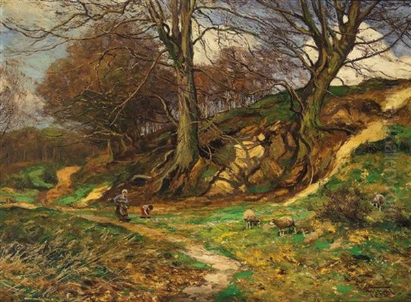 Weidende Schafe Und Holzleser In Herbstlicher Landschaft Oil Painting by Wilhelm Fritzel