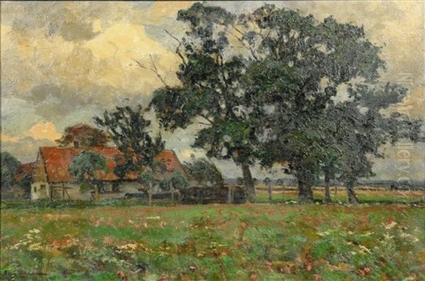 Die Stockumer Hofe. Blick Uber Eine Sommerwiese Auf Die Idyllischen Bauernhauser Oil Painting by Wilhelm Fritzel