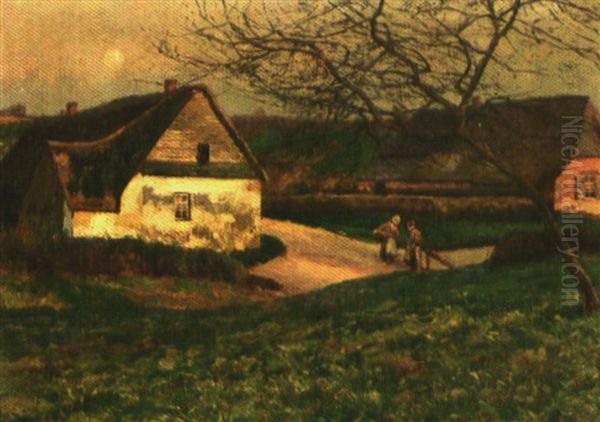 Niederrheinische Dorflandschaft Mit Figurenstaffage An Einem Herbsttag Oil Painting by Wilhelm Fritzel