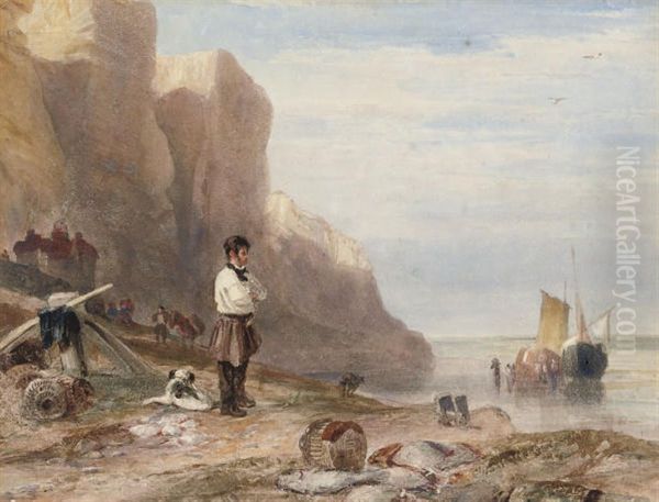 A Man And His Dog Before The East Cliffs, Hastings Oil Painting by Samuel Austin