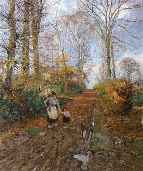 Reisigsammlerin Mit Kind Auf Dem Waldweg Oil Painting by Wilhelm Fritzel