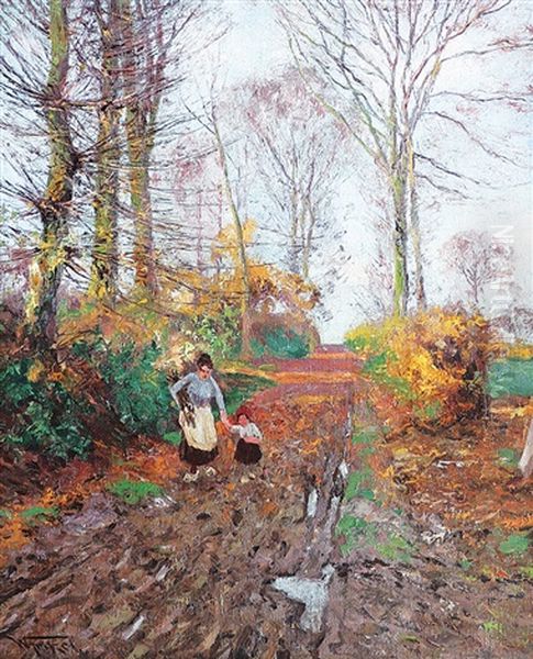 Reisigsammlerin Mit Kind Auf Dem Waldweg An Einem Sonnigen Herbsttag Oil Painting by Wilhelm Fritzel