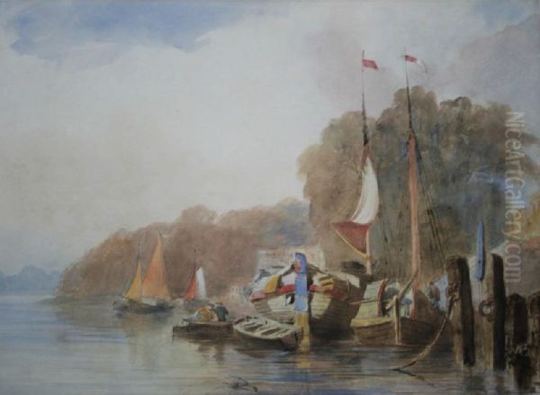 Boats Moored At A Waterfront Oil Painting by Samuel Austin