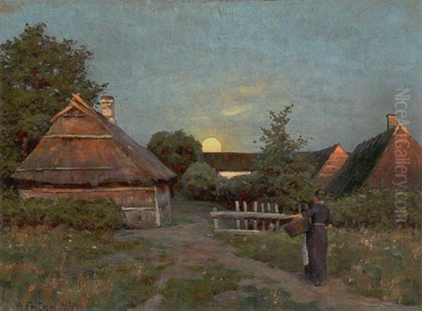 Solnedgang Over Gard, I Forgrunden Kvinde Med Kurv Oil Painting by Wilhelm Fritzel