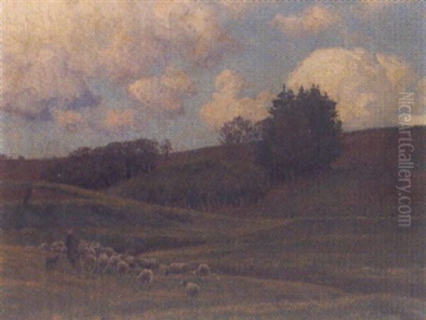 Hirte Mit Schafherde In Hugeliger Landschaft Oil Painting by Wilhelm Fritzel