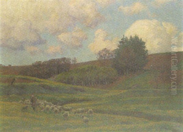 Hirte Mit Schafherde In Hugeliger Landschaft Oil Painting by Wilhelm Fritzel