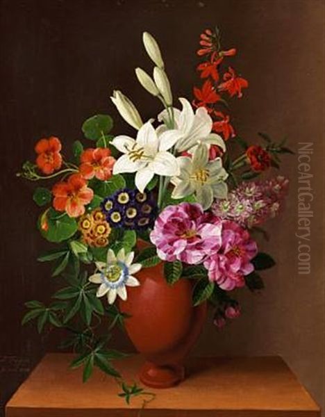 A Bunch Of Summer Flowers With Roses, Lilies, Passion-flowers And Milkmaid Oil Painting by Claudius Ditlev Fritzsch