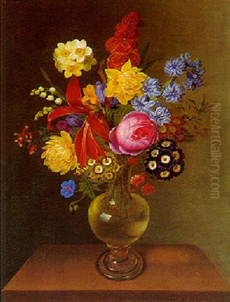 Opstilling Med Brogede Blomstrer I En Vase Pa En Stenkarm Oil Painting by Claudius Ditlev Fritzsch