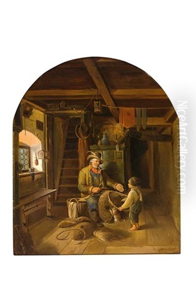 Beim Korbflechter; Reizendes Genre In Einem Alten Hau Oil Painting by Bernhard Froehlich