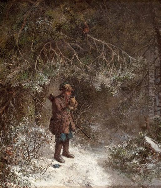 Jager Im Winterwald, Eine Pfeife Rauchend Oil Painting by Bernhard Froehlich