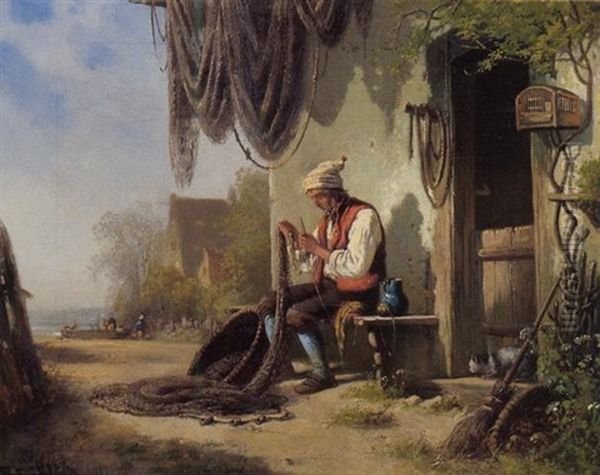 Fischer Beim Netzflicken Vor Seinem Haus Oil Painting by Bernhard Froehlich