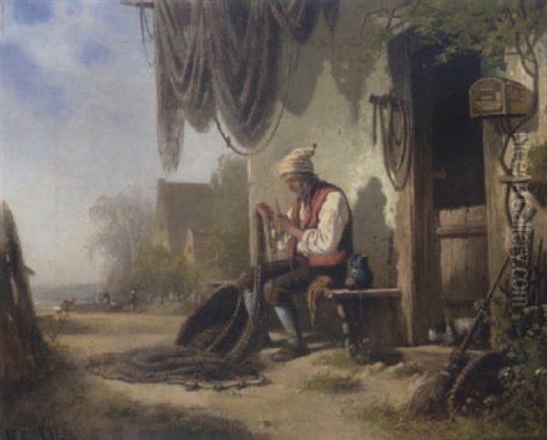 Fischer Beim Netzflicken Vor Seinem Haus Oil Painting by Bernhard Froehlich